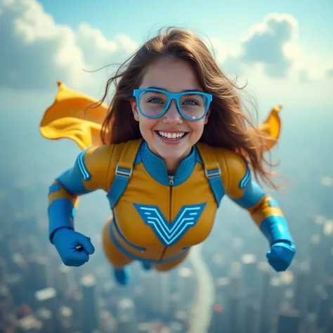 A photo of a teenage superheroine named Victoria Lessi with super long brown hair, brown eyes, and retro square blue glasses. She is wearing a gold tight biomechanic suit with blue and white details around the suit and blue boots, and gloves. There is a bi...