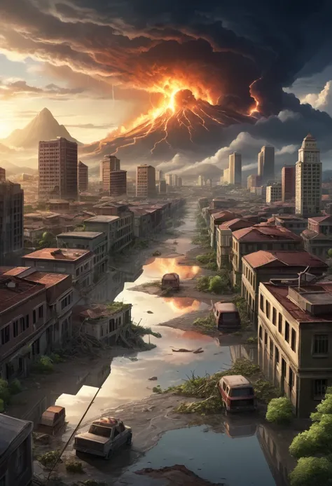 Image of a city with natural disasters in the background, reflecting the signs of the end of time