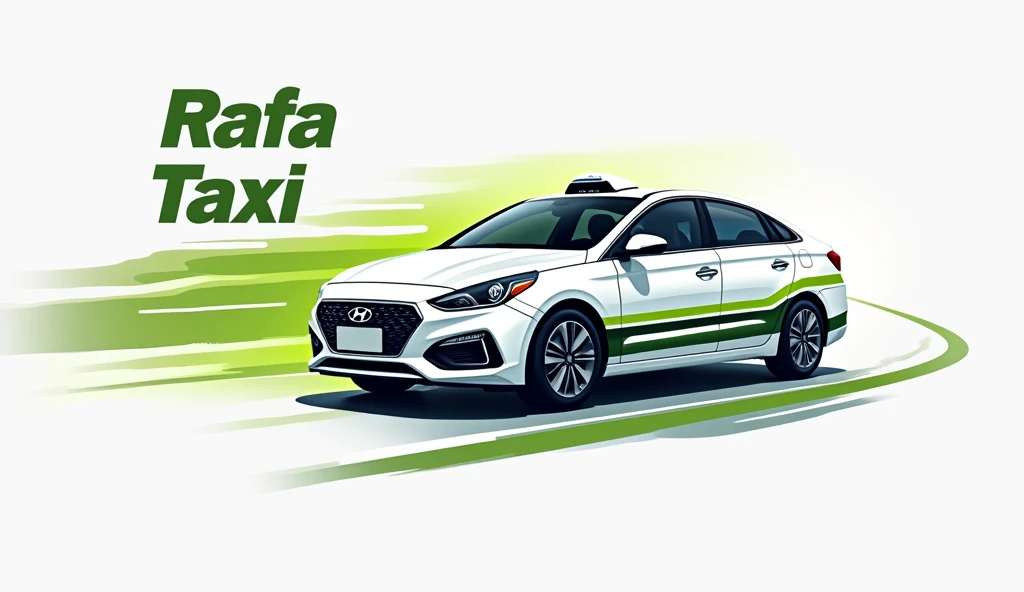 Rafa taxi logo with a white Hyundai Accent with a green stripe on the sides