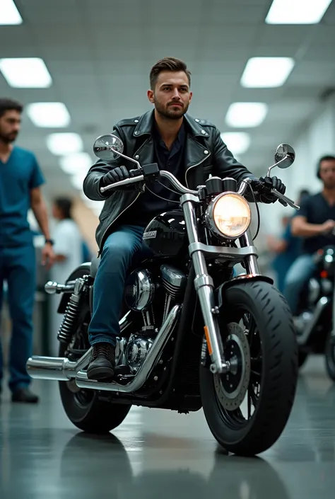 Motorcyclist donating blood