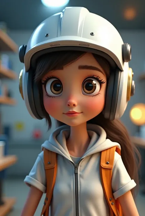  College girl in white Pixar-style engineering helmet