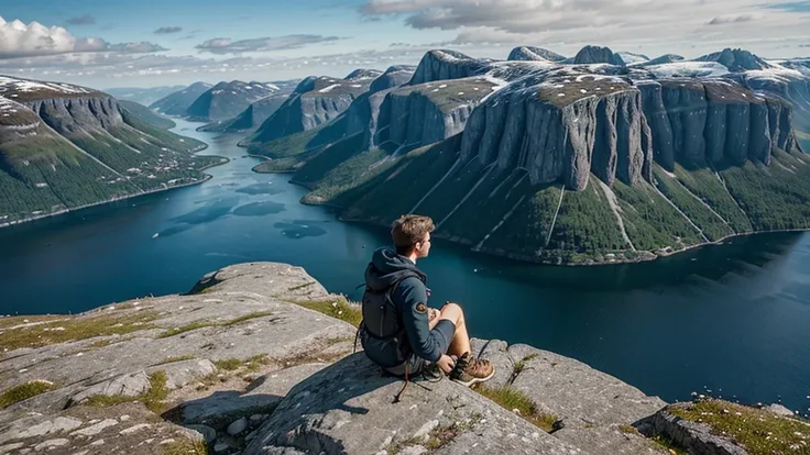 Man sitting on cliff edge alone enjoying aerial view backpacking lifestyle travel adventure outdoor vacations in Norway top of Reinebringen mountain.
