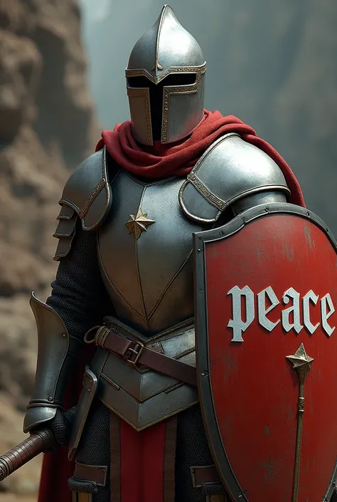 Medieval warrior wearing full-face helmet. He is holding a shield with the word “Peace” on it, the other hand hold a sword