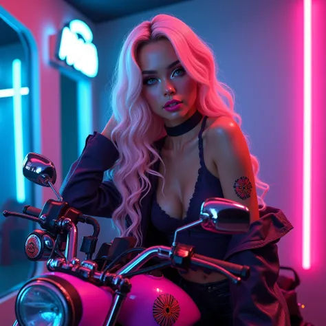 Leaning  on a neon pink and purple motorbike, with neon blue lights, black flower pattern on it as she leans on her bike  with a toy pistol prop by her side full length image, , gorgeouse,biracial, southern, latino, 100k caucasian female, with long platinu...