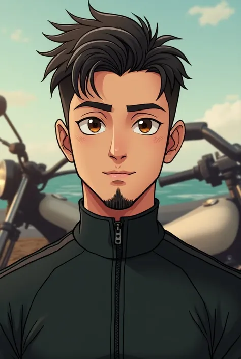 Young man with an aretic complexion mesoform brown eyes straight hair with beard and degraded haircut wearing full body sportswear with smile and serious style with a retro motorcycle and elegant square profiled face in anime 