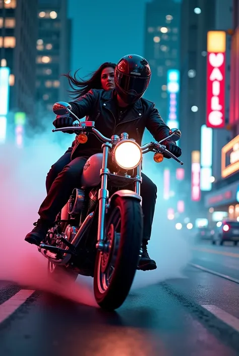 Man rides motorcycle in leather jacket with helmet and woman sitting on the back with long hair and helmet at night through New York neon lights fog 