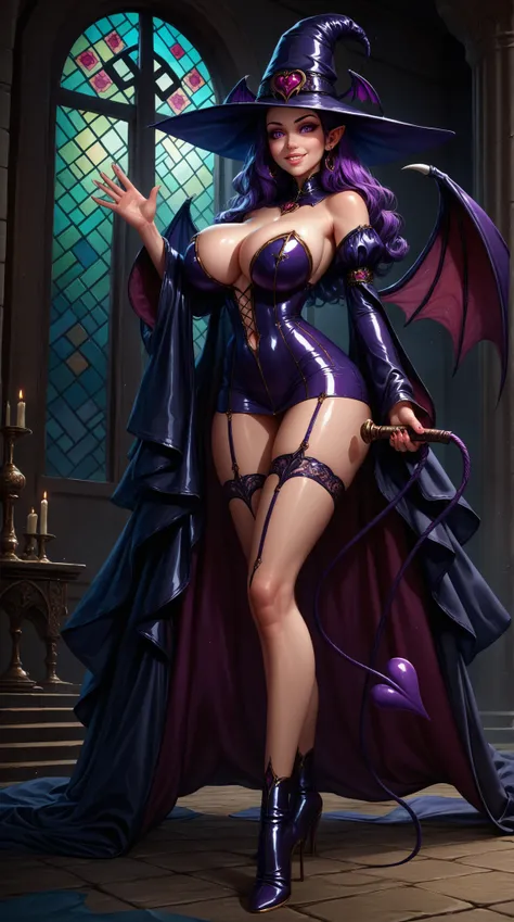  Young Beautiful Woman ,( best quality, very detailed depiction, Incredibly Absurd High Resolution ,Curvaceous Body,Beautiful legs),( Skin Like Pottery ),( succubus, shiny latex,),(Purple Eyes, big breasts at the temple, bewitching smile, shiny lips ,Wavin...