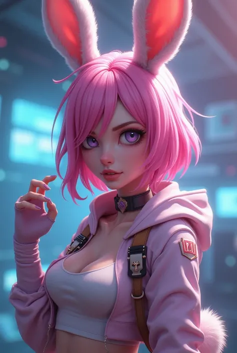 Female hybrid female gamer character with pink rabbit