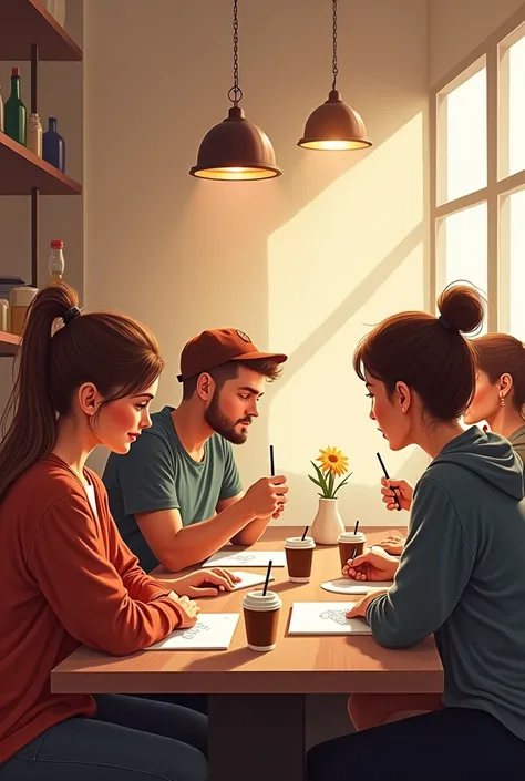 A poster or flyer for social media platforms could include:  
- Header: "Coffee & Art Nights – Sip, Sketch, and Socialize!"
- Visuals: Illustrations of people drawing and drinking coffee, with soft, warm lighting resembling the café’s ambiance.  
