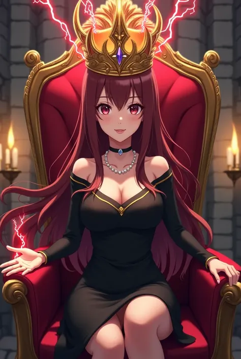 A beautiful anime girl, maroon long hair, black sexy cut short dress, pearl necklace on her neck, wearing a golden crown on her head, heavy & long crown, sitting in a golden throne, dark stoned hall, lamps & lights all over the hall, red glittery lightning...