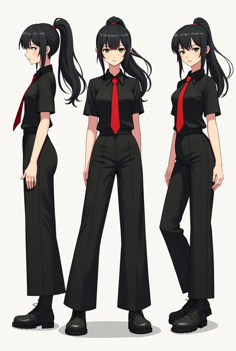 character sheet.  adult girl.  Black hair with front locks and ponytail.  green eyes . Black shirt and red tie, wide black pants , boots. several poses