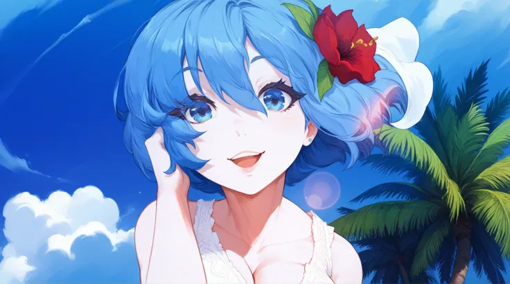 (masterpiece, wallpaper, anthropomorphic fantasy anime style, creative art), beautiful anthro woman, short blue hair, white dress, red flower, blue sky, palm tree, posing, close-up, thick thighs, big ass, big breasts, curvy, voluptuous, expressive, cheerfu...