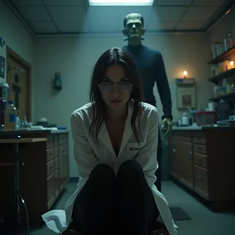 A sexy female scientist with glasses and black cotton leggings sitting on a chair in her disturbing laboratory while, in the foreground, she is facing the camera with an evil and crazy look, behind her standing the Frankenstein monster observing her in a d...