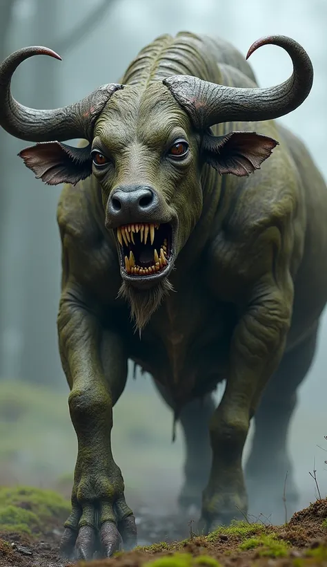 Create a hyper-realistic horror creature for Taurus. This massive, bull-like entity has thick, armor-like skin covered in mud, moss, and deep scars. Its horns are jagged and cracked, curving menacingly from its head, while its mouth is filled with sharp, g...