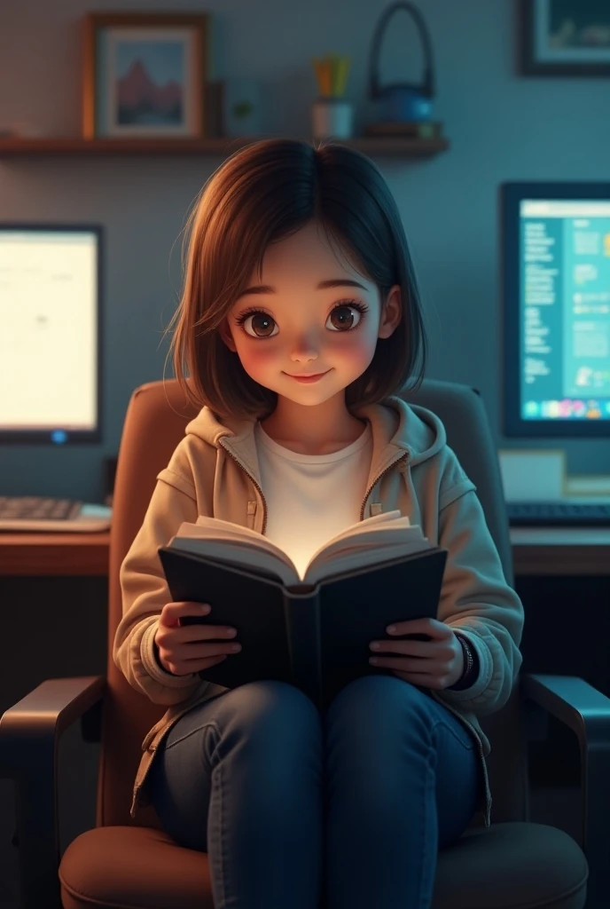 Ek girl chair pe baitha hai book face pe little smile Jeans or t shirt and jacket computer room light 
