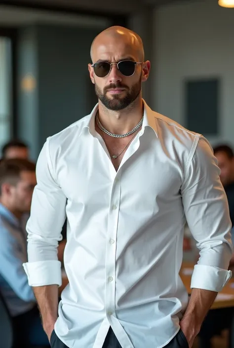 man 40 years old,   white long sleeve shirt on a roll   ,   sunglasses latest model   , Russian,  bald with beard very attractive ,   very muscular build  ,  silver necklace ,    background office desk with a group of people AROUND HIM, like a work meeting...