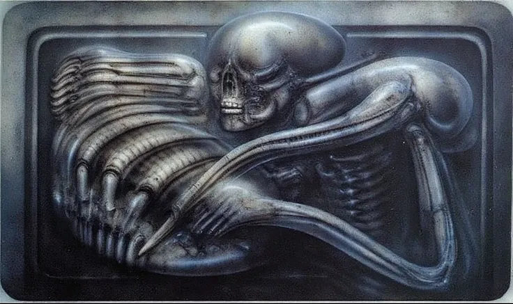 H. R. Gigers g1g3r, , Giger_style, H. R. Gigers g1g3r, , Giger_style, The image is a detailed view of H.R. Gigers " Aleph " plate, featuring  skeletal alien creature heavily fossilized with smaller creature on his shoulder pointing forward with its long li...