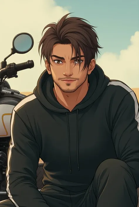 Young man with an aretic, mesoform complexion, brown eyes, straight hair with a beard and a degraded haircut with a full body sportswear with a smile and serious style, with a retro motorcycle and elegant square profiled face in anime with a beard on his f...