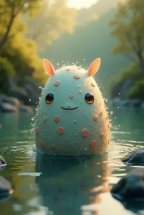 image of almost round creature has no hands like eggs with ears covered with water shimmering on its body in river area jukit color light green color nata yellow