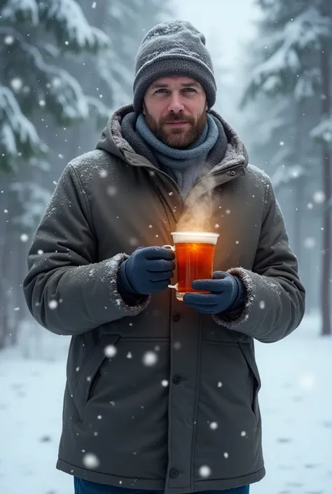 A man holds a glass of tea that gives steam in the cold (its already snowing outside )