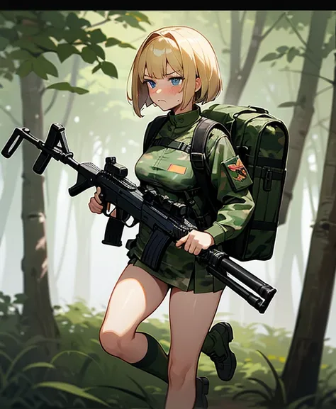  1 girl,  shortcut , Blonde,  blue eyes, Bob Hair,  Blushing ,  frowns, Awkward, metallic dark green camo military uniform micro bikini, miniskirt that snaps around the knee, Very Small Breasts ,The background is a forest, wide angle shot ,Im wearing a pla...