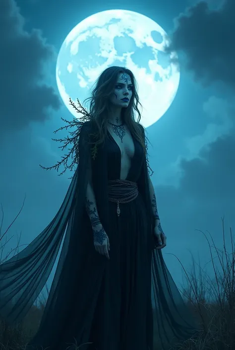 a woman standing in front of a full moon, music video, elden ring style, facepaint, clothed in vines, zawadzki, blue metal, vampire the masquerade, androgyny, nocturnal palette, dark gold hair, the ren of the night, blue lipstick, blue - ray screenshot