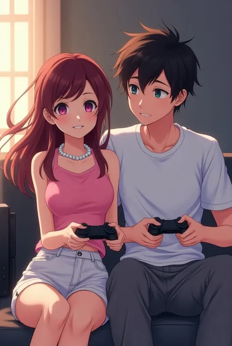 A very beautiful anime girl, maroon long hair, pink sleeveless tops & white short pant, pearl necklace on her neck, with a handsome guy, casual white tshirt & grey pant, playing video games on television with eachother happily, anime style