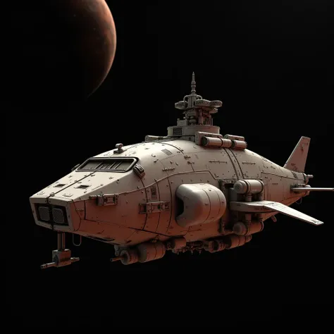  in a representation as a 3D reference highly detailed rendering on a white background, global physical lighting NVIDIA RTX Iray PBR Supply carrier , shuttle ship, science fiction, low technology, Mars, satellite orbit, realistic, Precision, masterpiece