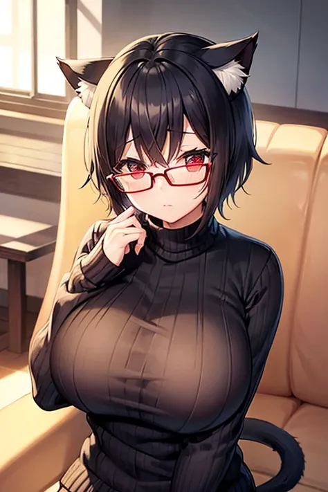 Big Breasts、chubby、 Black Hair 、   short hair、Glasses、   knitted sweater 、cat ears、  cat tail  、 shame、 red eyes、living 、sofa、   very detailed,Best Quality,Accuracy,correct、masterpiece,   High image quality, 1 person、  