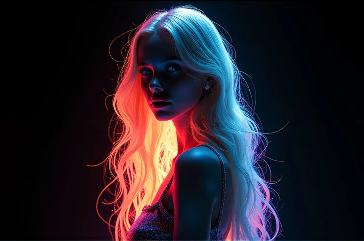 A full-length silhouette of a beautiful girl created from flickering lights of different colors. A blonde girl with very long loose hair. She is depicted in full-length on a black background. Her lips are painted with bright lipstick. Its all flickering an...