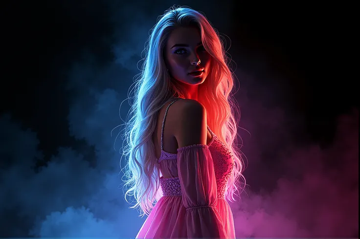 A full-length silhouette of a beautiful girl created from flickering lights of different colors. A blonde girl with very long loose hair. She is depicted in full-length on a black background. Her lips are painted with bright lipstick. Its all flickering an...