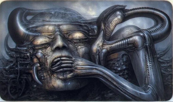 H. R. Gigers g1g3r, , Giger_style, H. R. Gigers g1g3r, , Giger_style, The image is a detailed view of H.R. Gigers " Aleph " plate, featuring  skeletal alien creature heavily fossilized with smaller creature on his shoulder pointing forward with its long li...