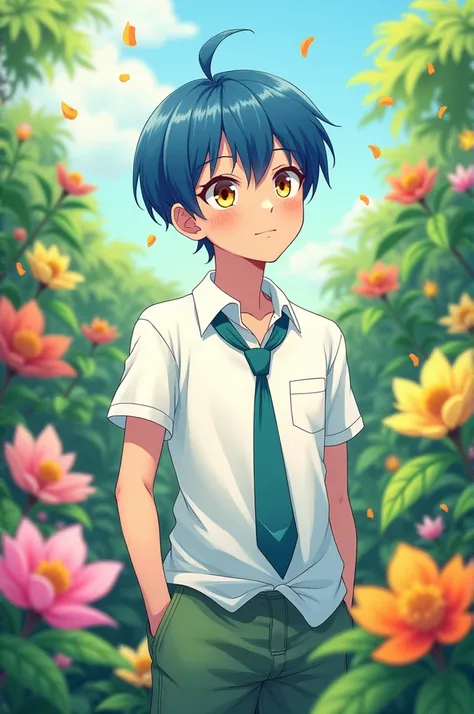 A blue-haired anime boy with yellow eyes in a flowery garden ,  this boy will be wearing a white t-shirt with a tie and green shorts