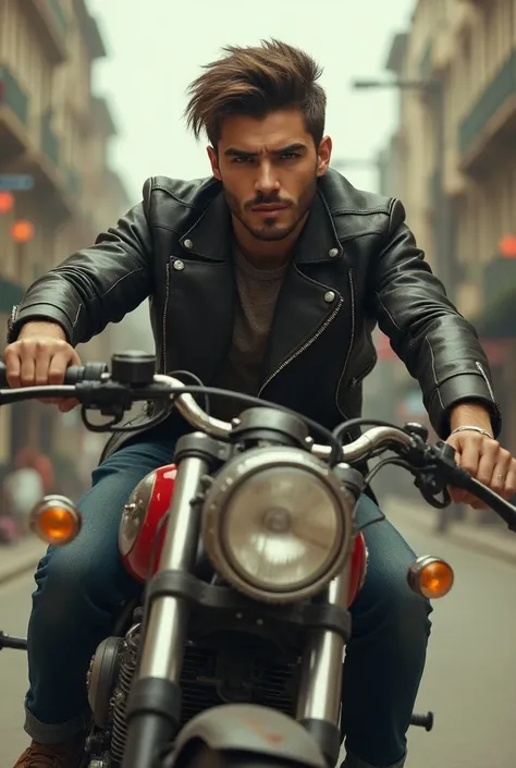 Strong sports-style boy with profiled face, degraded hair, riding a retro motorcycle with a jacket and a slender beard 