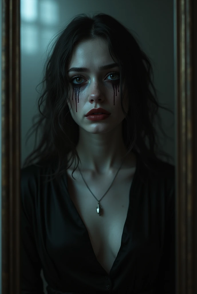 A girl with a sexy black robe with strong black makeup cries so that the makeup falls out of her eyes. She looks at the mirror and writes on it with red lipstick "crying alone "Without making mistakes  