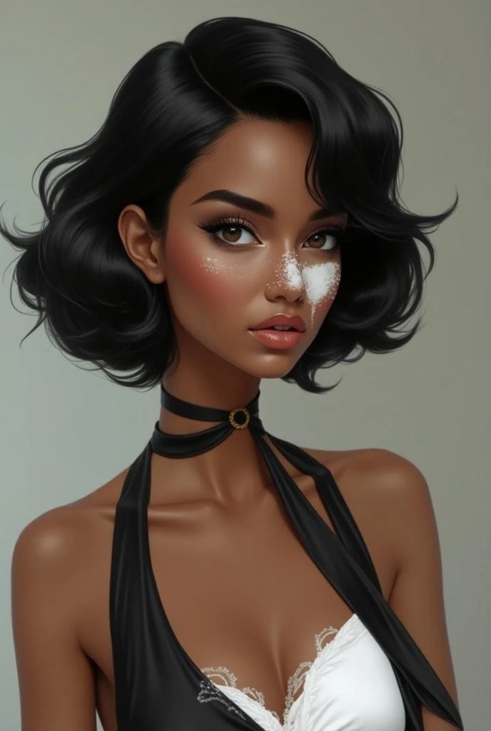 

 A light-brown-skinned woman ,  with vitiligo that creates white patches on the face and arms .  She wears an elegant black and white dress , with a classic silhouette .  Your hair is curly , short, black and shiny,  with defined curls that fall gently a...