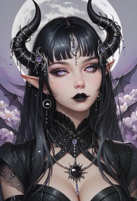 ((masterpiece)), (( high resolution)), (( lunar eclipse background  )),   beautifully detailed woman, ,  long black hair, elf ea...