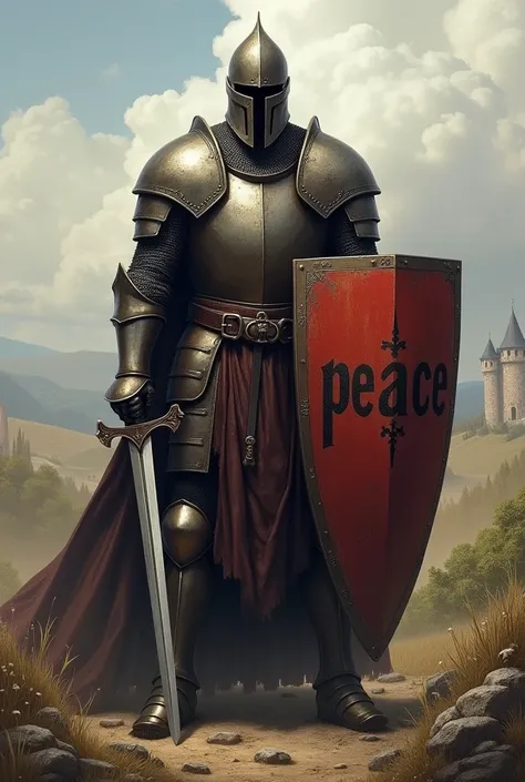 Medieval warrior wearing full-face helmet and holding a shield with the word “Peace” on it, the other hand holding a sword. Square picture