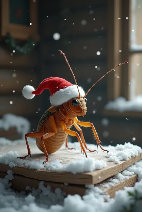 Cockroach wearing a christmas hat in a snow cabin