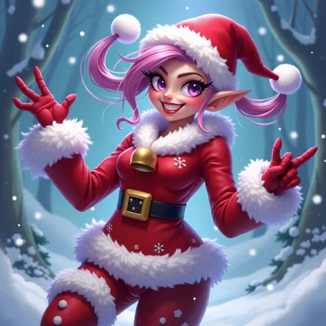 Make me an artstyle of jinx, from league of legends wearing a santa clauss outfit with the same artstyle as in the game