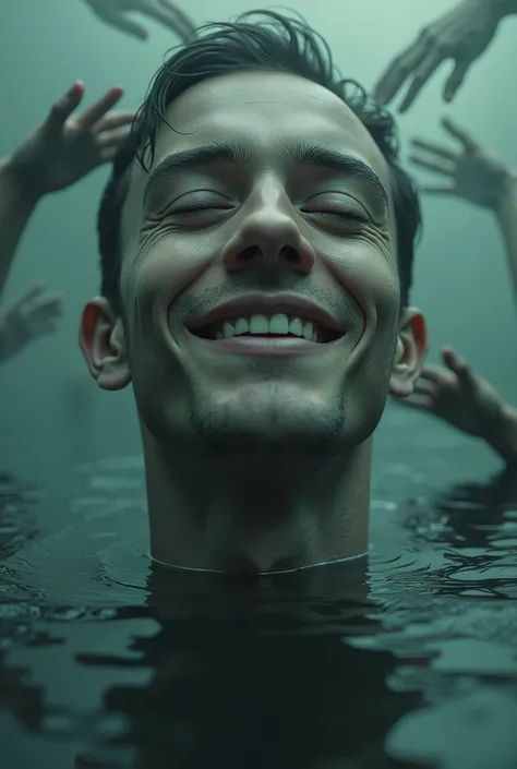 An image of a young man who is melting ,  that only this is his head but that his face is not visible just a smile,  and that black hands appear under the water that try to drag him to the background 