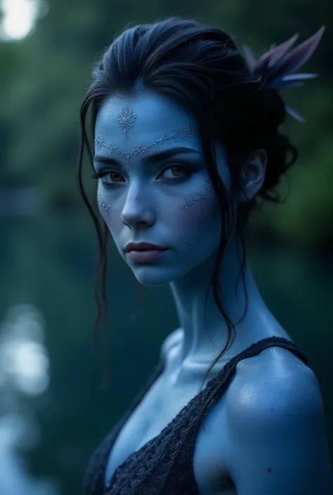 A female native of Pandora .  Blue skin with delicate designs and violet eyes. A clan princess .  Evident and focused face .  Half-open fleshy lips looking at us. scene: Riverside at night .  Transparent fabric over the shoulders. Ethereal look .