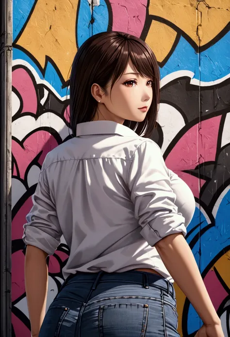  Beautiful Japanese woman with big breasts looking out of her shirt,  beautiful butt in short jeans , She stands with her back against a graffiti wall , UHD, realistic,          Details