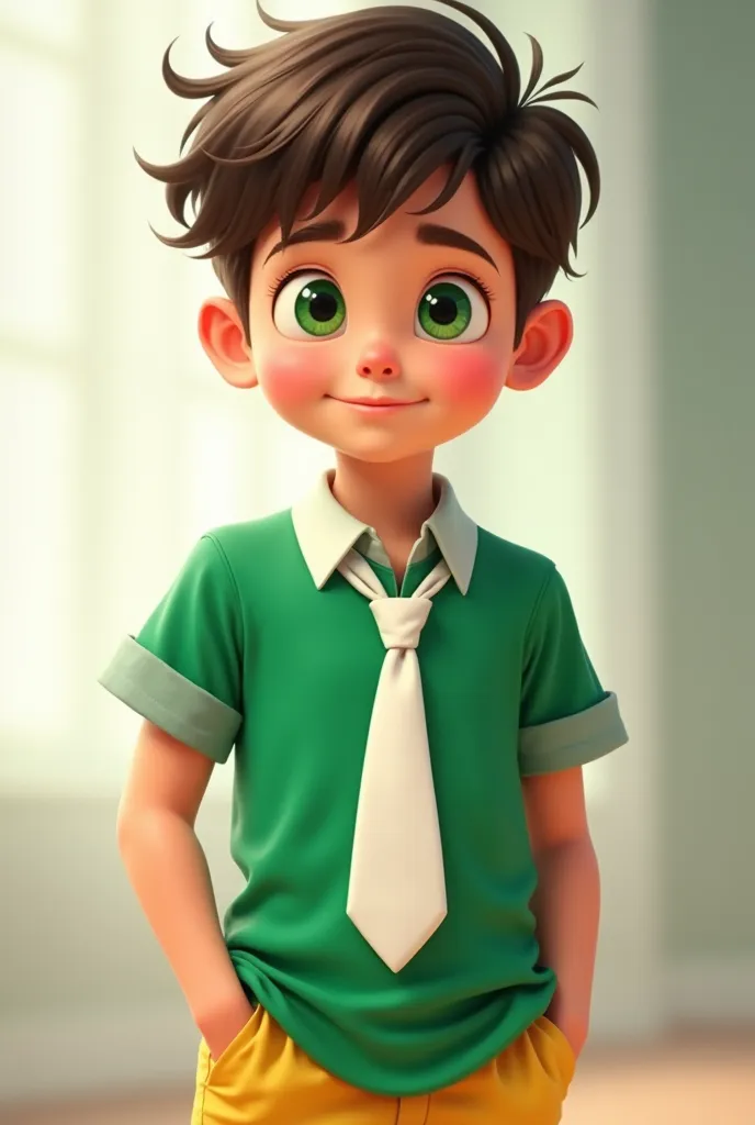 A boy in a green t-shirt and green eyes with a white tie and yellow shorts