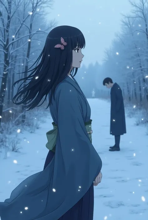 A serene winter scene at twilight with soft snow falling gently. Shinobu Kocho is standing gracefully on the main frame, her haori flowing gently in the cold winter breeze. Her expression is calm yet contemplative, her butterfly hairpin catching a faint gl...