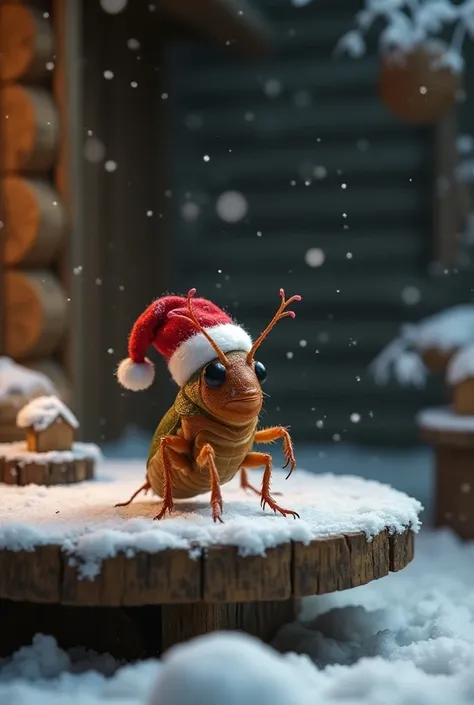 Cockroach wearing a christmas hat in a snow cabin