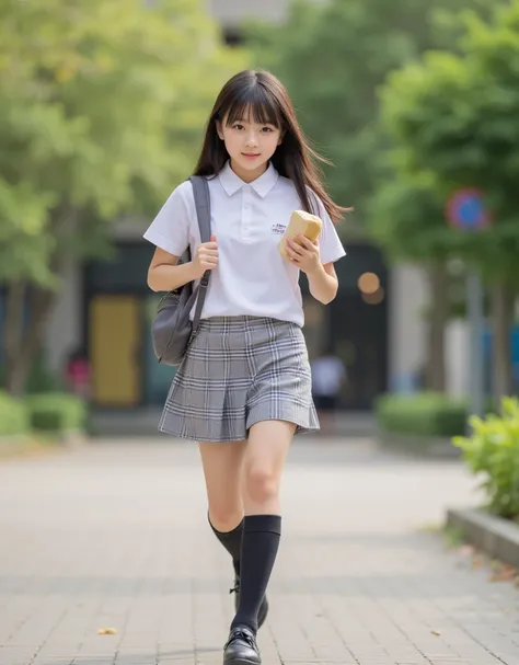 a young school girl wearing a white school uniform with a short plaid skirt above the knee, tall socks, carrying a school backpack, holding a sandwich, rushing to school, detailed facial features, beautiful detailed eyes, beautiful detailed lips, extremely...