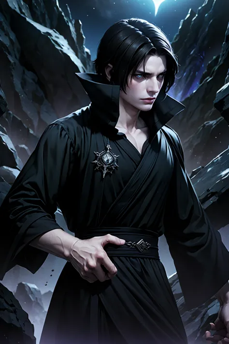 a dark-haired, dark-eyed warlock with pale skin, purple veins across his body, wearing a black robe with purple details, black f...