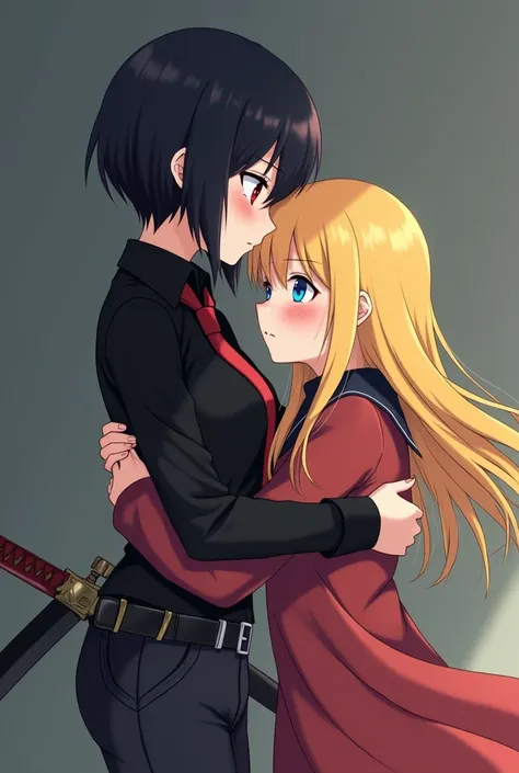 An 18-year-old anime girl with short black hair and sharp red eyes wears pants, a black shirt and a red tie and carries a sword on her waist and stands in front of a girl of the same age who has long yellow hair and sad blue eyes full of tears, hugs her an...