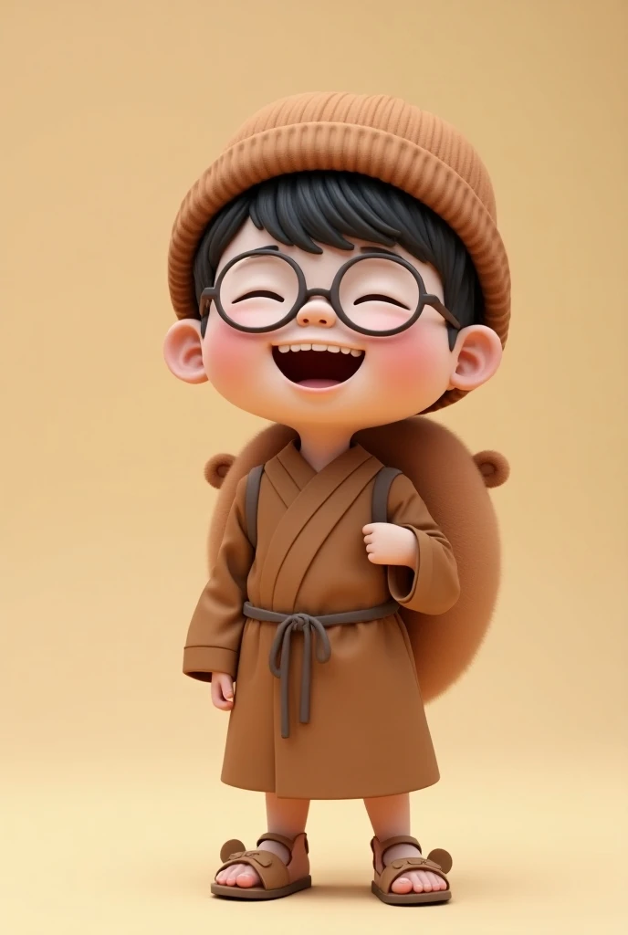 3d caricature photography of a   asian boy, very big head, wearing a brown beanie,  glasses, wearing a 3/4 brown robe, wearing cute bear sandals, laughing broadly while carrying a big fluffy breast on his back